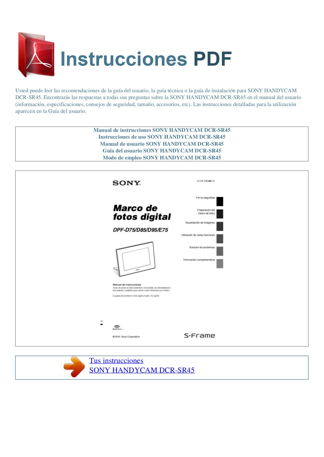 Sony Handycam Dcr Sr45 User Manual